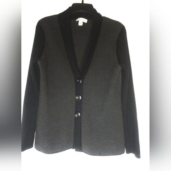ColdwaterCreek M 10-12 WoolBlend KnittedBlackGray LngSlvButtons Women’s Cardigan - Picture 1 of 5